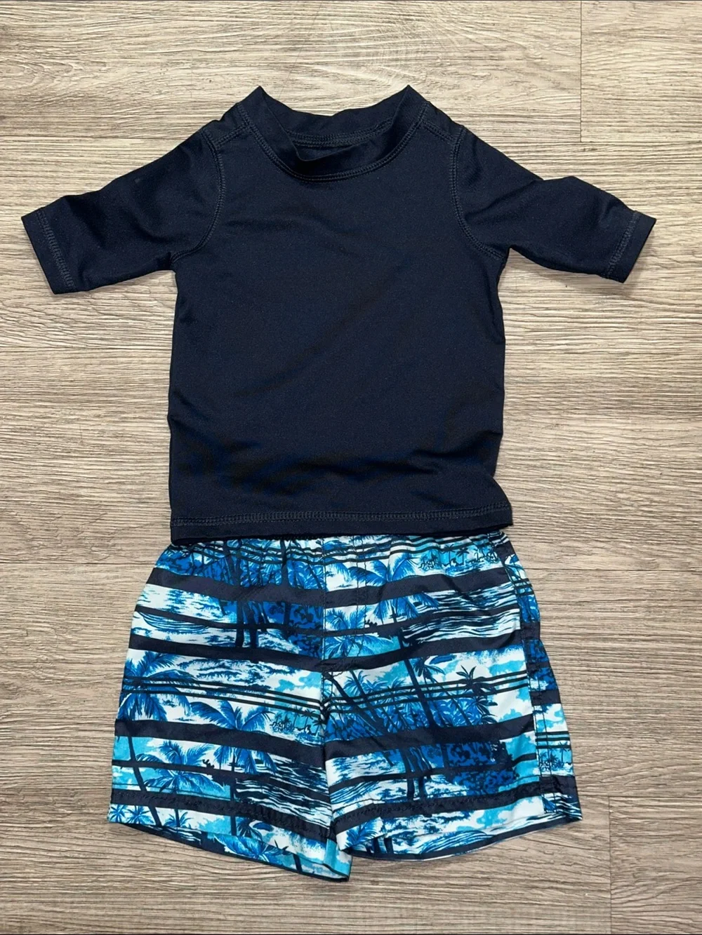 Kids Navy Rash Guard and Blue Palm Print Swim Shorts Set